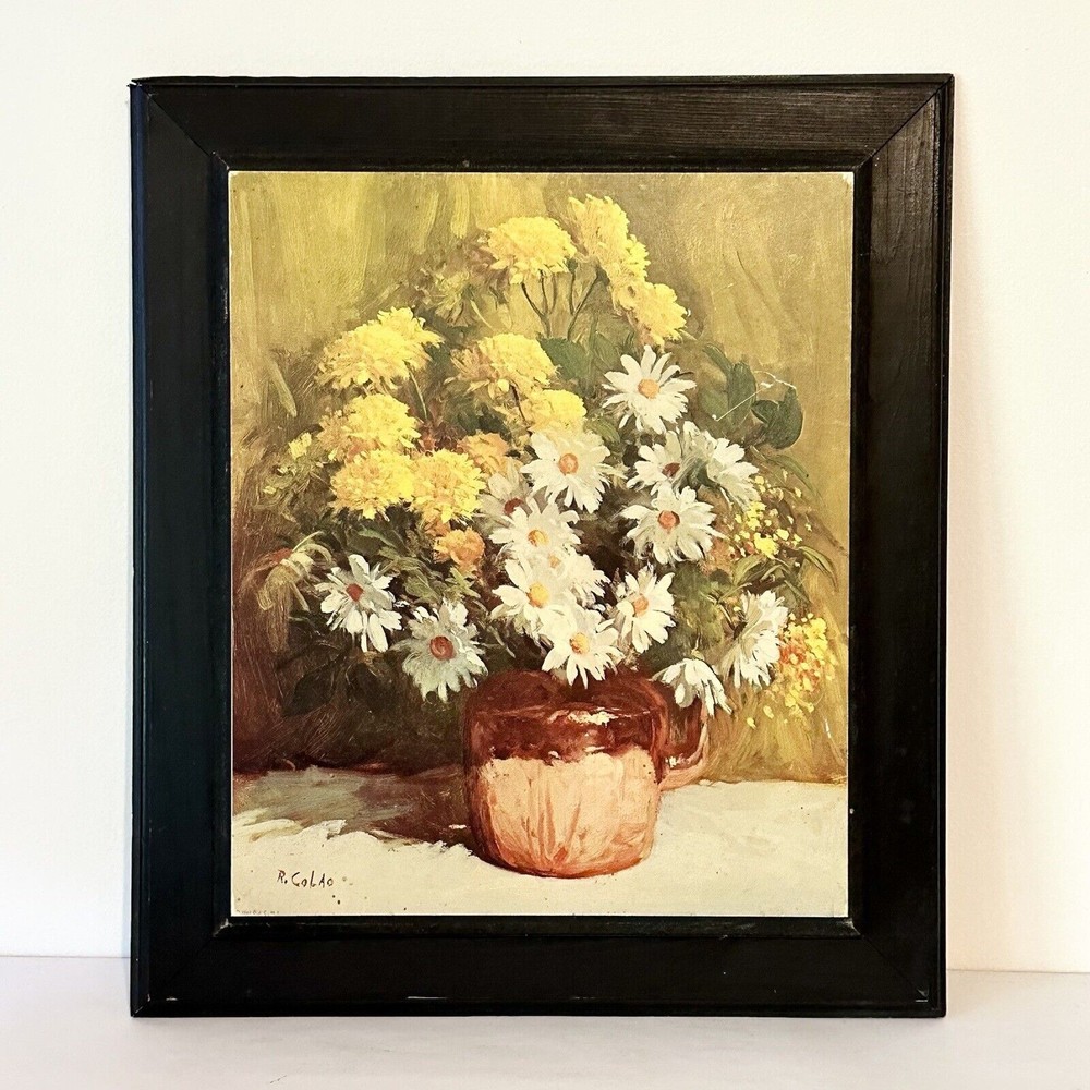 Vtg Floral Print On Wood 70’s Retro DAC N.Y. 1968‎ Daisies Yellow White R. Calao
